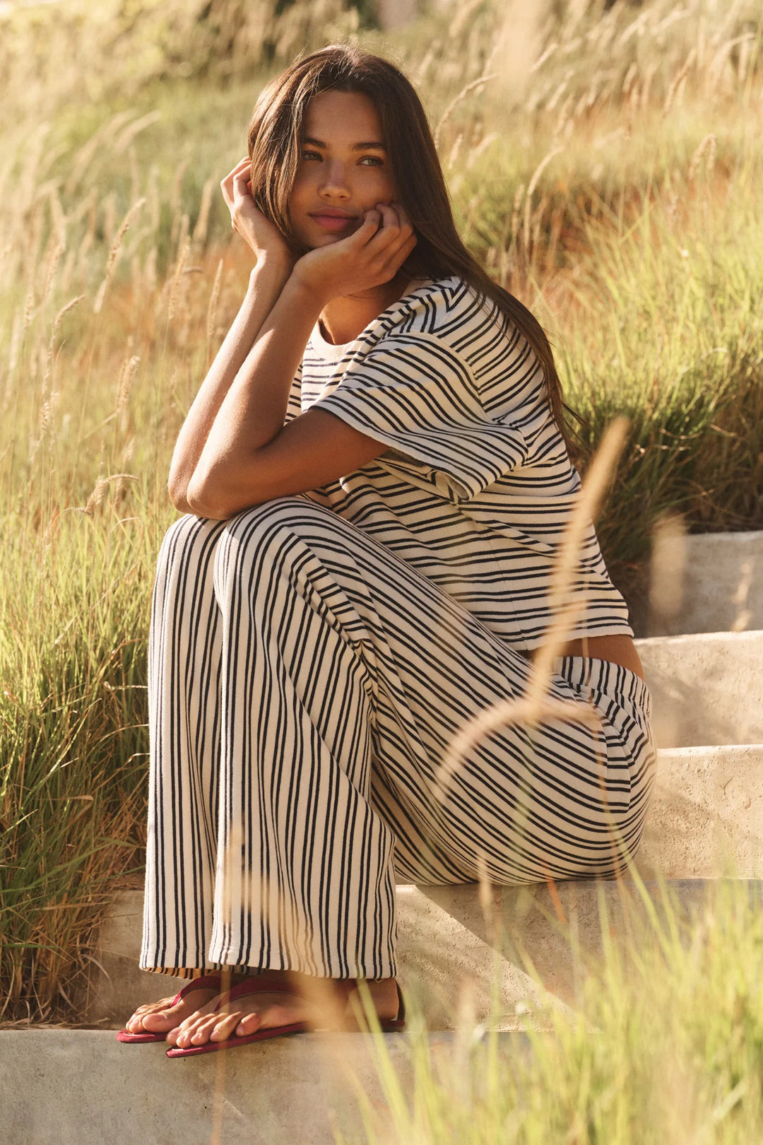 AMELISE VINTAGE STRIPE TERRY PANT (NATURAL/NAVY) - VELVET