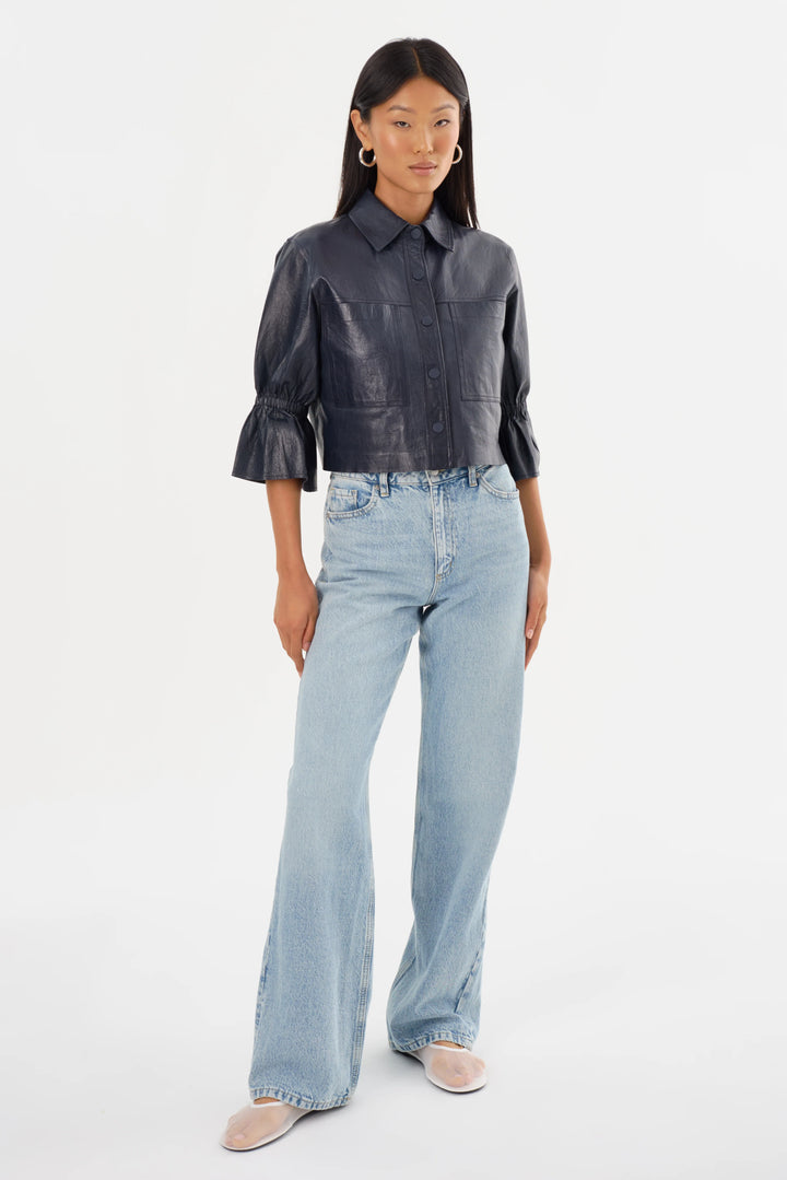 CAROLINA RUFFLE SLEEVE LEATHER JACKET (NAVY) - LAMARQUE