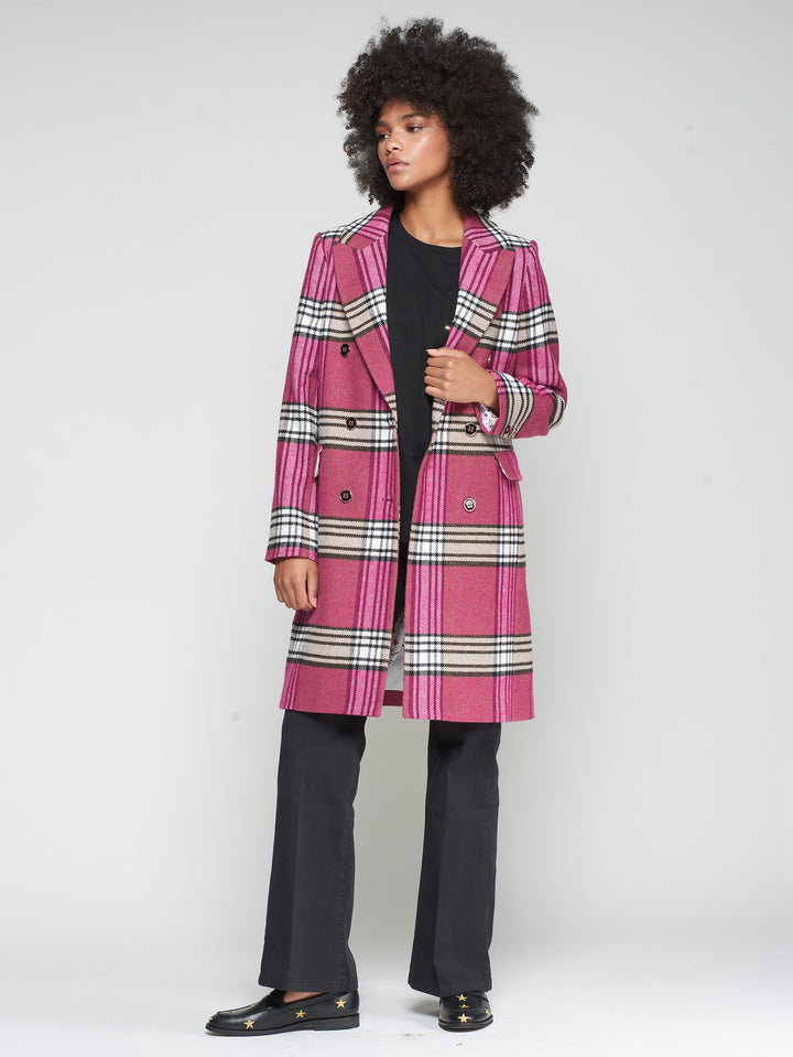 LIAN RASPBERRY CHECK DOUBLE-BREASTED WOOL COAT - VILAGALLO