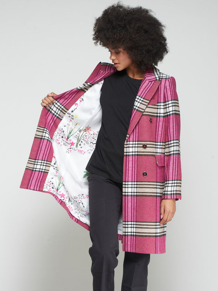 LIAN RASPBERRY CHECK DOUBLE-BREASTED WOOL COAT - VILAGALLO
