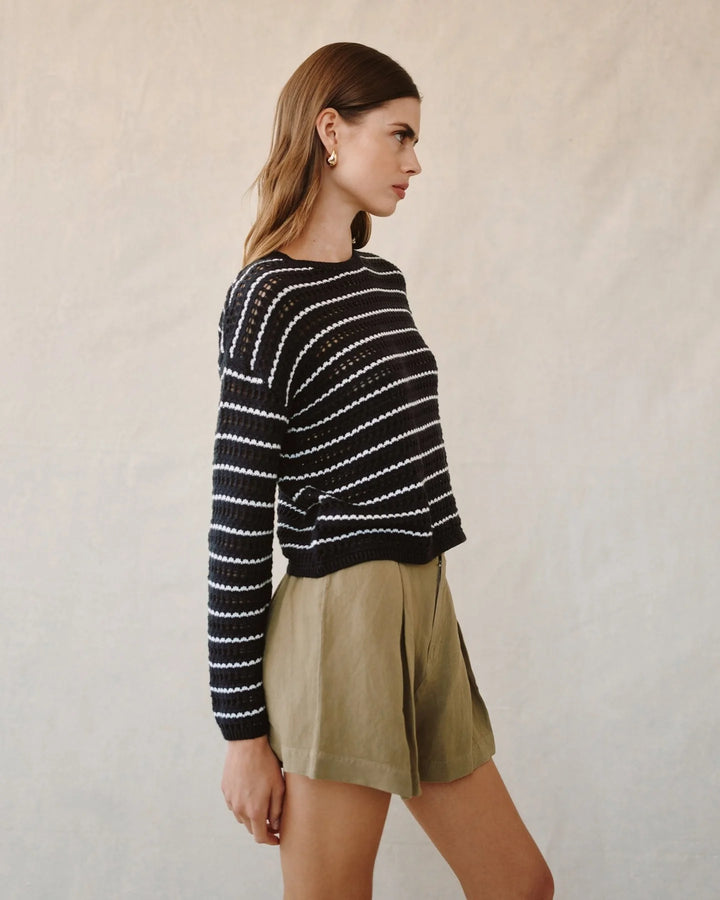 CREW NECK SWEATER (BLACK/IVORY STRIPE) - BELLA DAHL