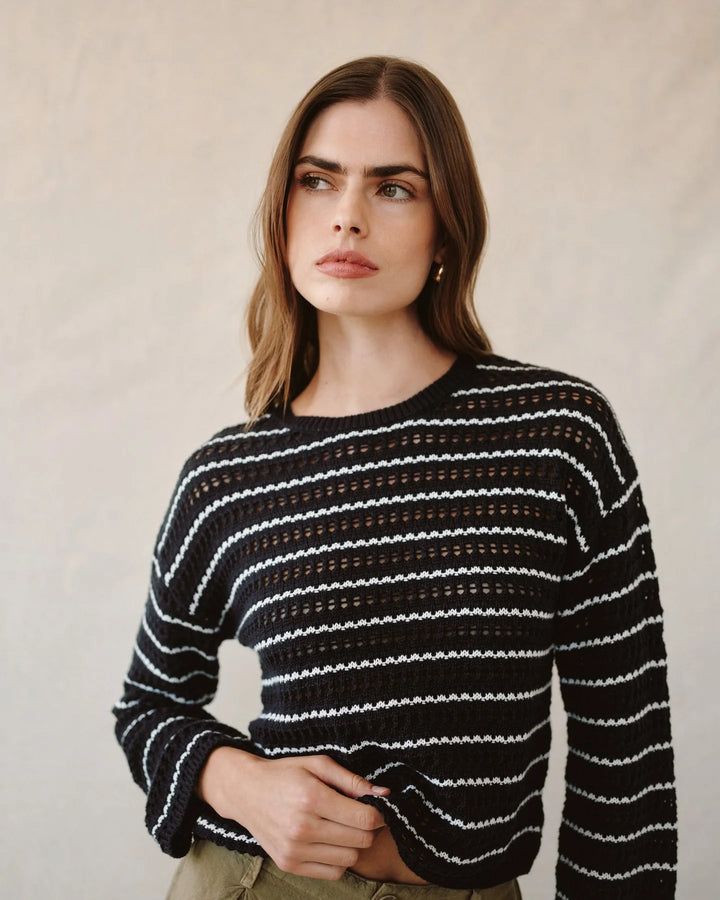 CREW NECK SWEATER (BLACK/IVORY STRIPE) - BELLA DAHL