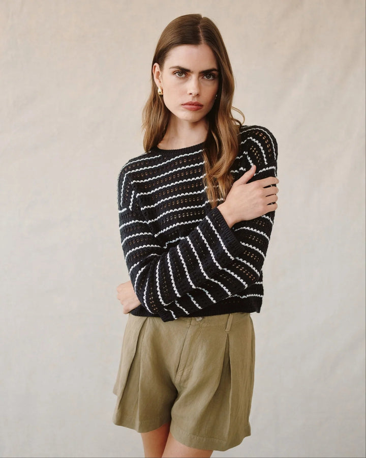 CREW NECK SWEATER (BLACK/IVORY STRIPE) - BELLA DAHL