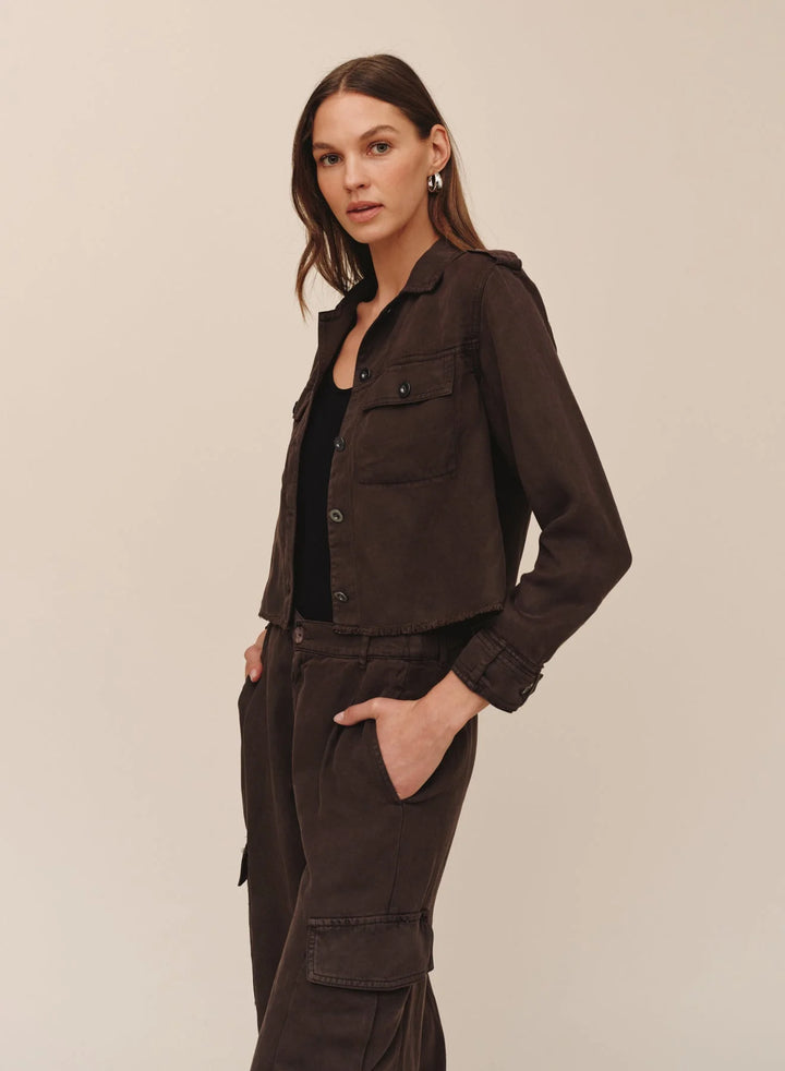 CROPPED UTILITY JACKET WITH FRAY HEM (DARK ROAST) - BELLA DAHL