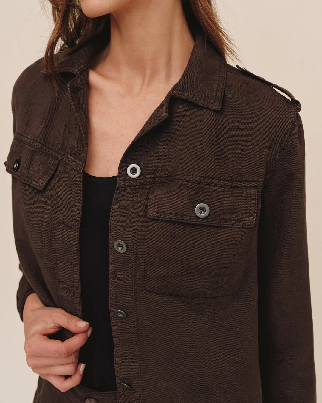 CROPPED UTILITY JACKET WITH FRAY HEM (DARK ROAST) - BELLA DAHL
