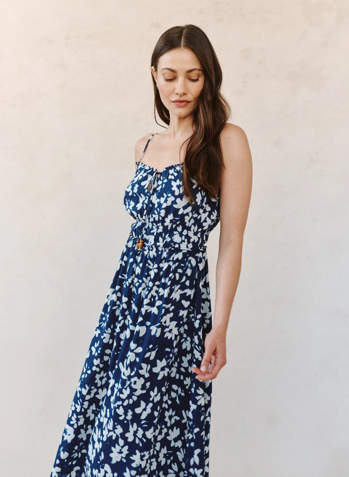 ELASTIC WAIST MIDI DRESS (INDIGO BLOOM) - BELLA DAHL