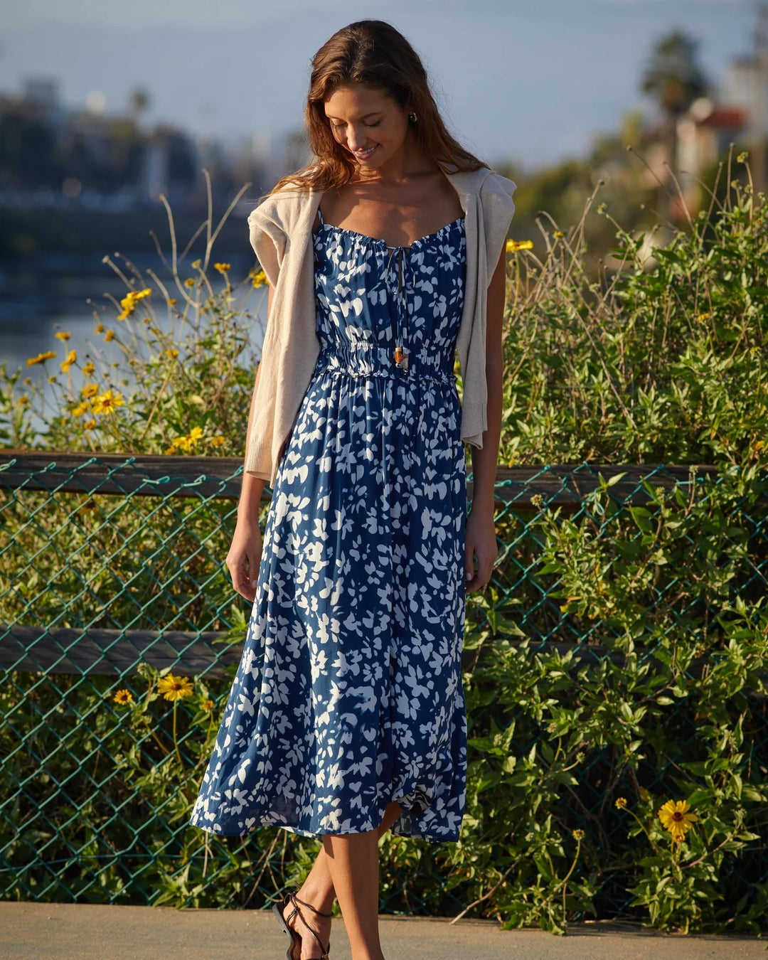 ELASTIC WAIST MIDI DRESS (INDIGO BLOOM) - BELLA DAHL