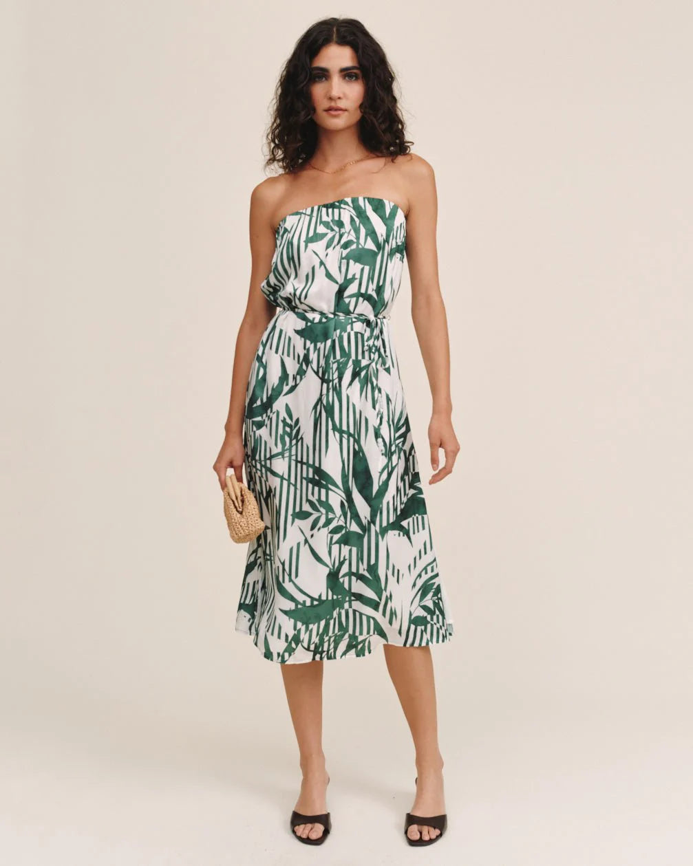 FLOWY STRAPLESS MIDI DRESS (PALM PARADISE PRINT) - BELLA DAHL