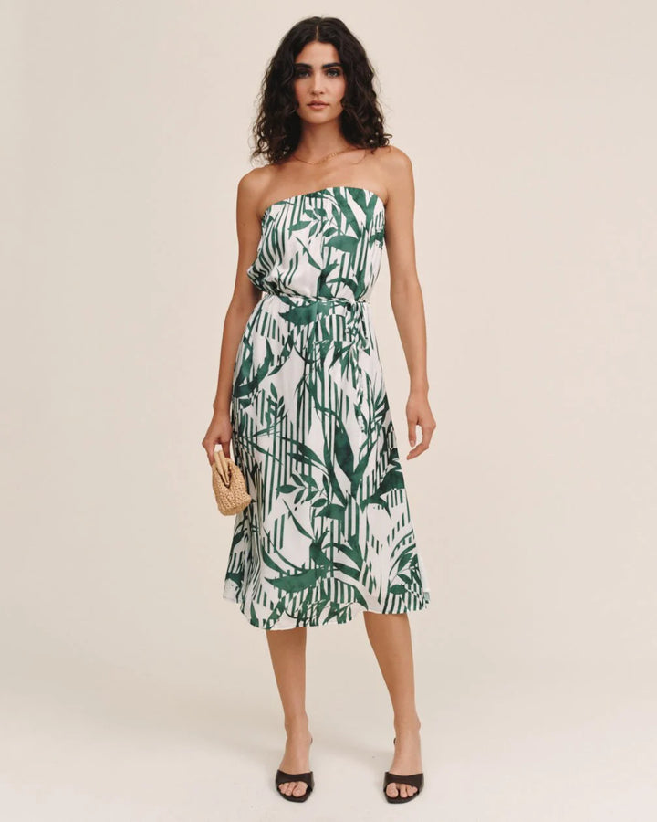 FLOWY STRAPLESS MIDI DRESS (PALM PARADISE PRINT) - BELLA DAHL