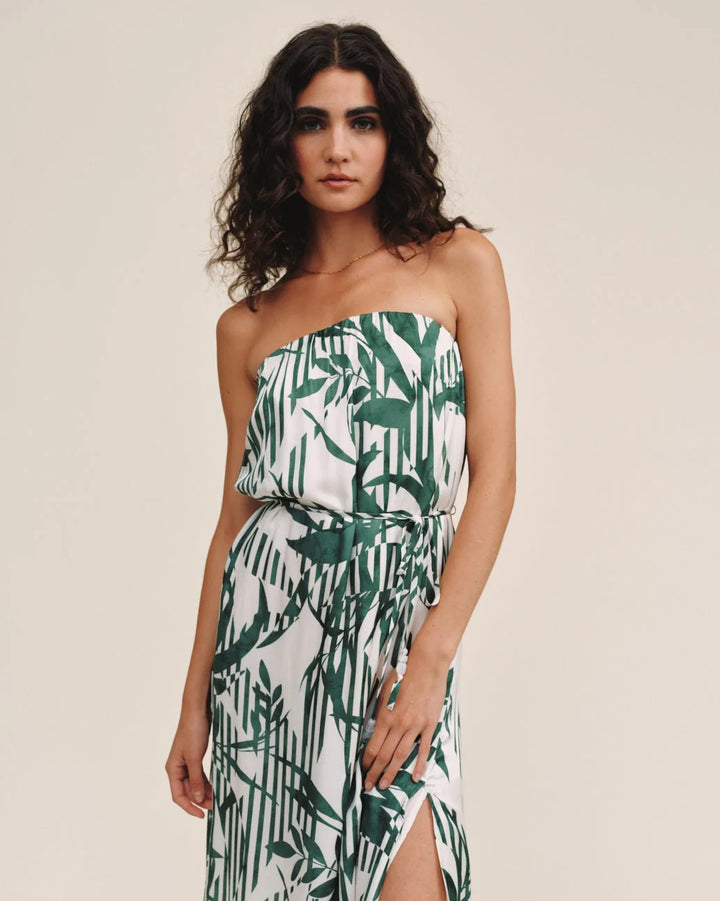 FLOWY STRAPLESS MIDI DRESS (PALM PARADISE PRINT) - BELLA DAHL
