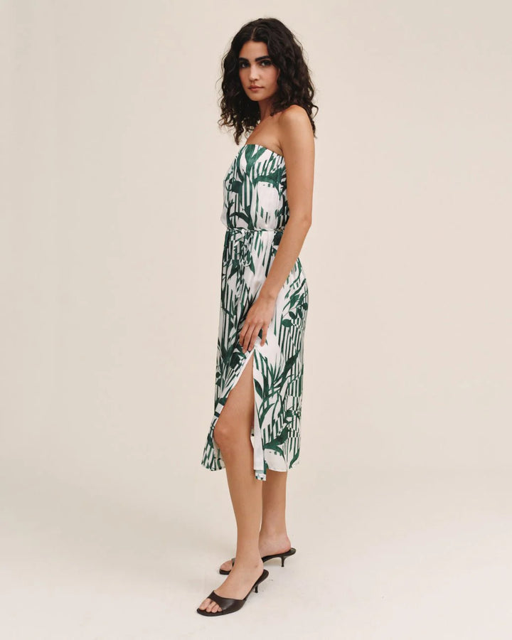 FLOWY STRAPLESS MIDI DRESS (PALM PARADISE PRINT) - BELLA DAHL