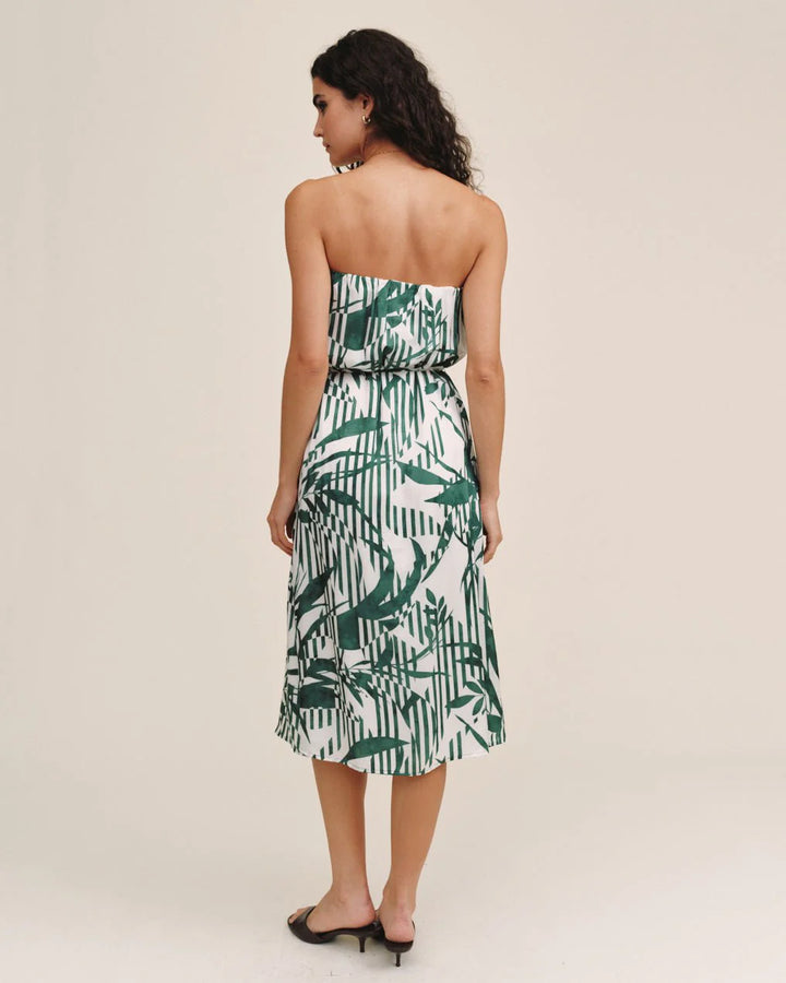 FLOWY STRAPLESS MIDI DRESS (PALM PARADISE PRINT) - BELLA DAHL