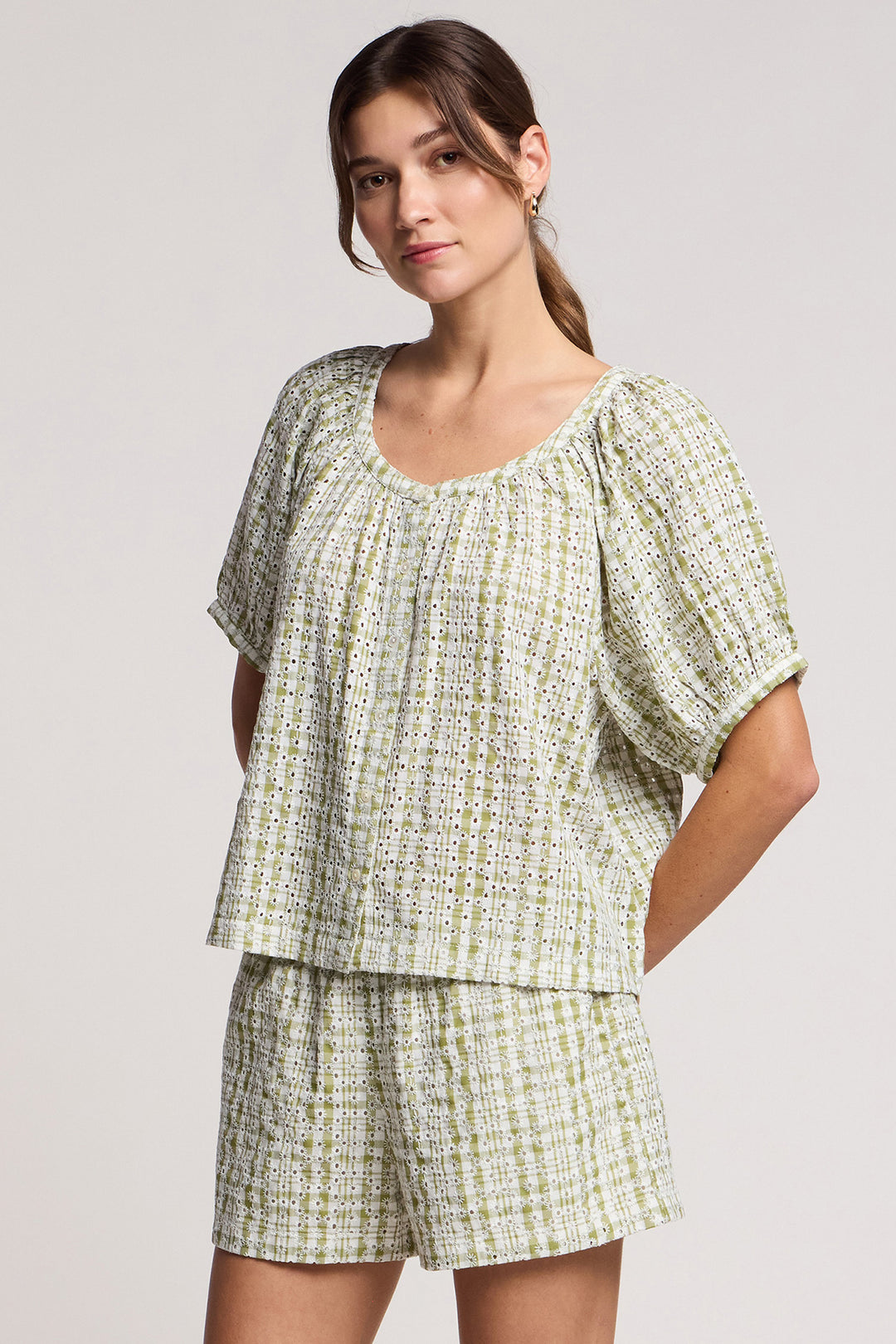 ANGIE GINGHAM EMBROIDERY TOP (GREEN/WHITE) - VELVET