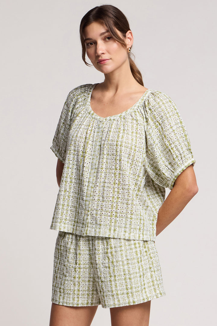 ANGIE GINGHAM EMBROIDERY TOP (GREEN/WHITE) - VELVET