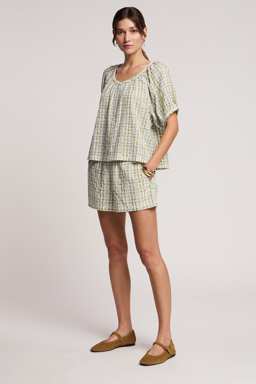 ANGIE GINGHAM EMBROIDERY TOP (GREEN/WHITE) - VELVET