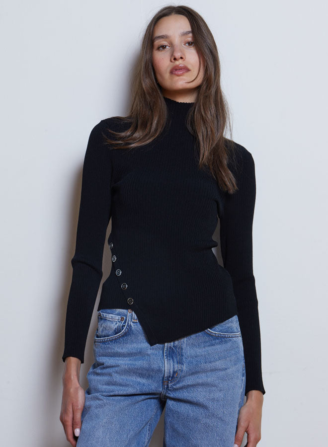 L/S ASYMMETRICAL BUTTON RIB TOP (BLACK) - AUTUMN CASHMERE