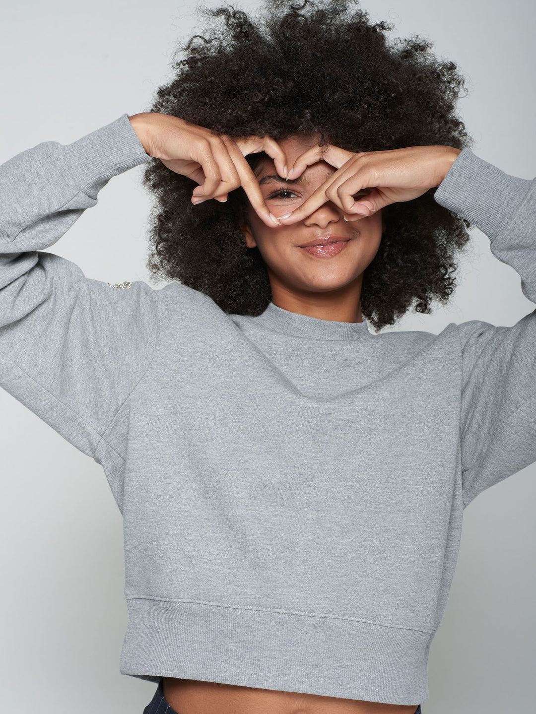 GREY SWEATSHIRT WITH HEART CUT-OUT AND BEADING - VILAGALLO