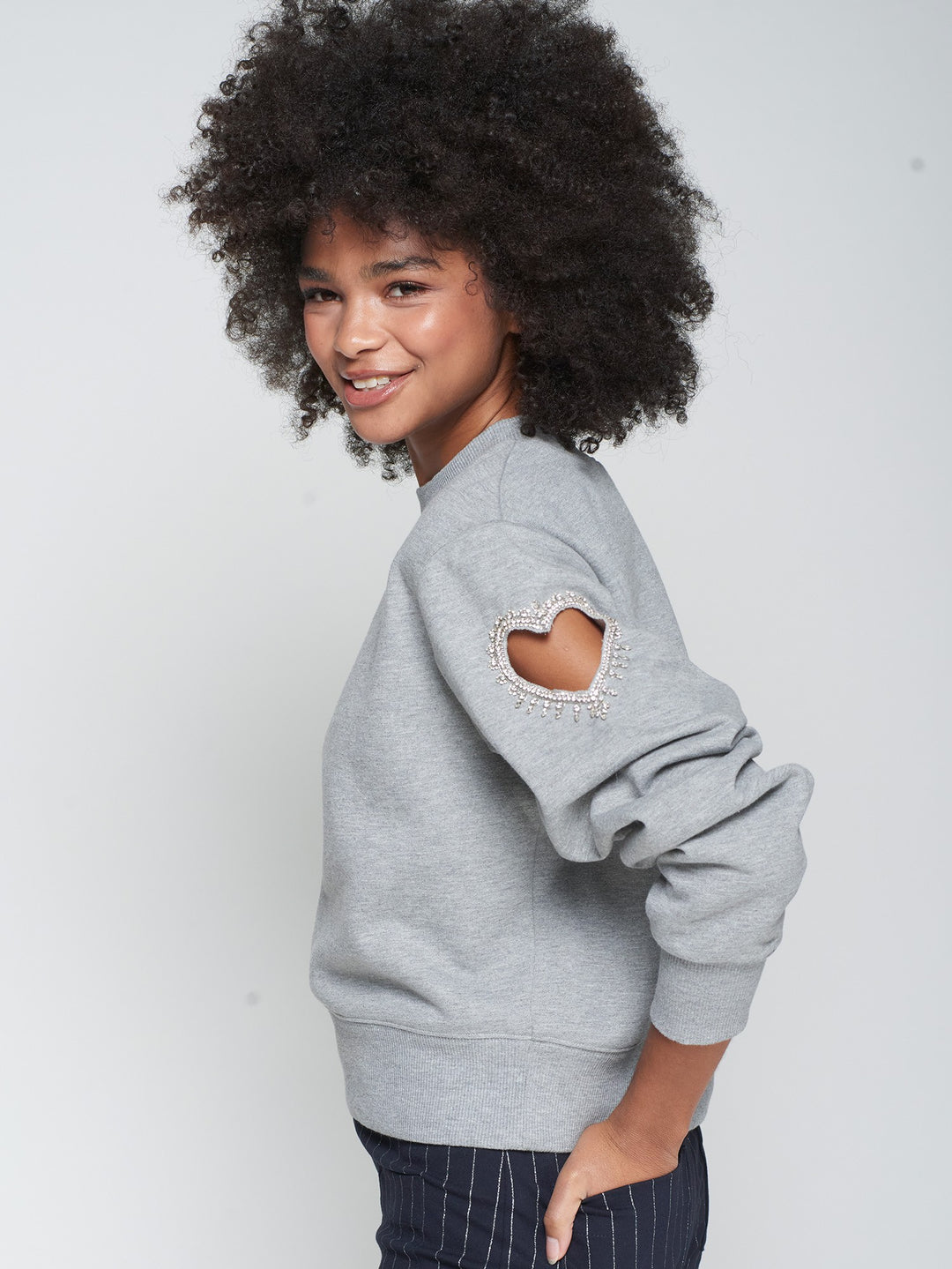 GREY SWEATSHIRT WITH HEART CUT-OUT AND BEADING - VILAGALLO