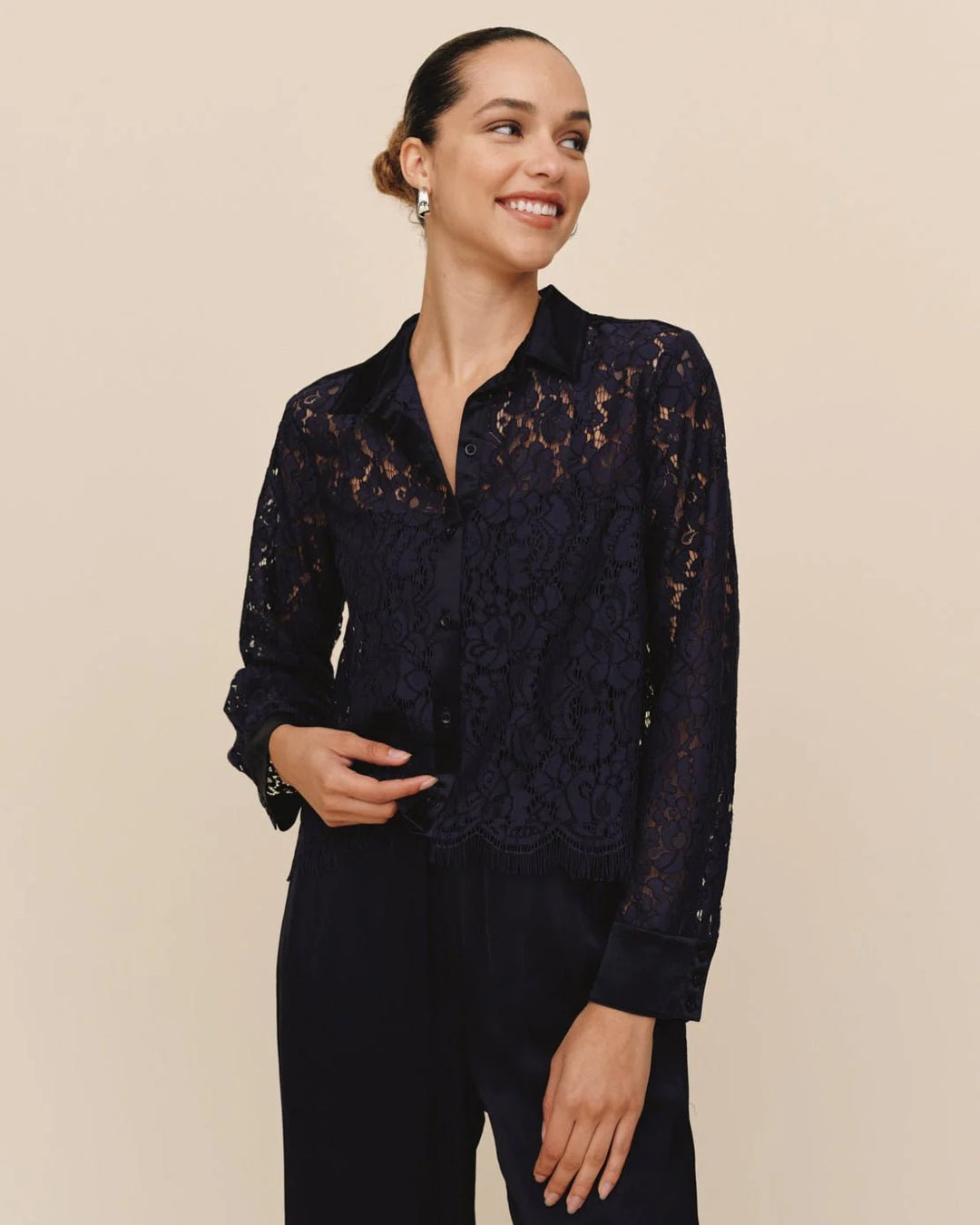 LACE CONTRAST BUTTON DOWN (MIDNIGHT SKY) - BELLA DAHL