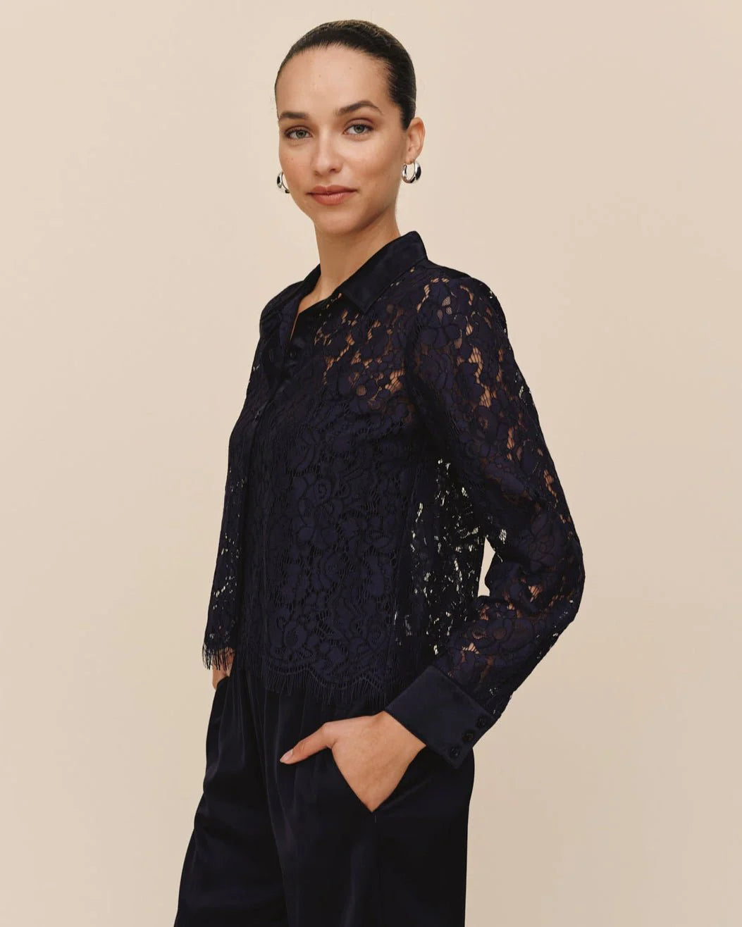 LACE CONTRAST BUTTON DOWN (MIDNIGHT SKY) - BELLA DAHL