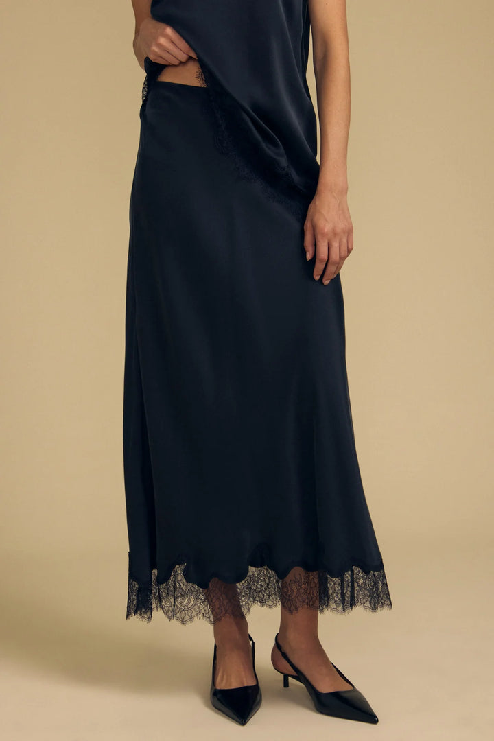 KRISTIN LACE TRIM SILK SKIRT (BLACK) - VELVET