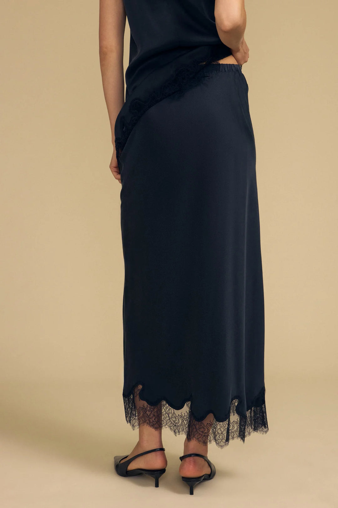 KRISTIN LACE TRIM SILK SKIRT (BLACK) - VELVET
