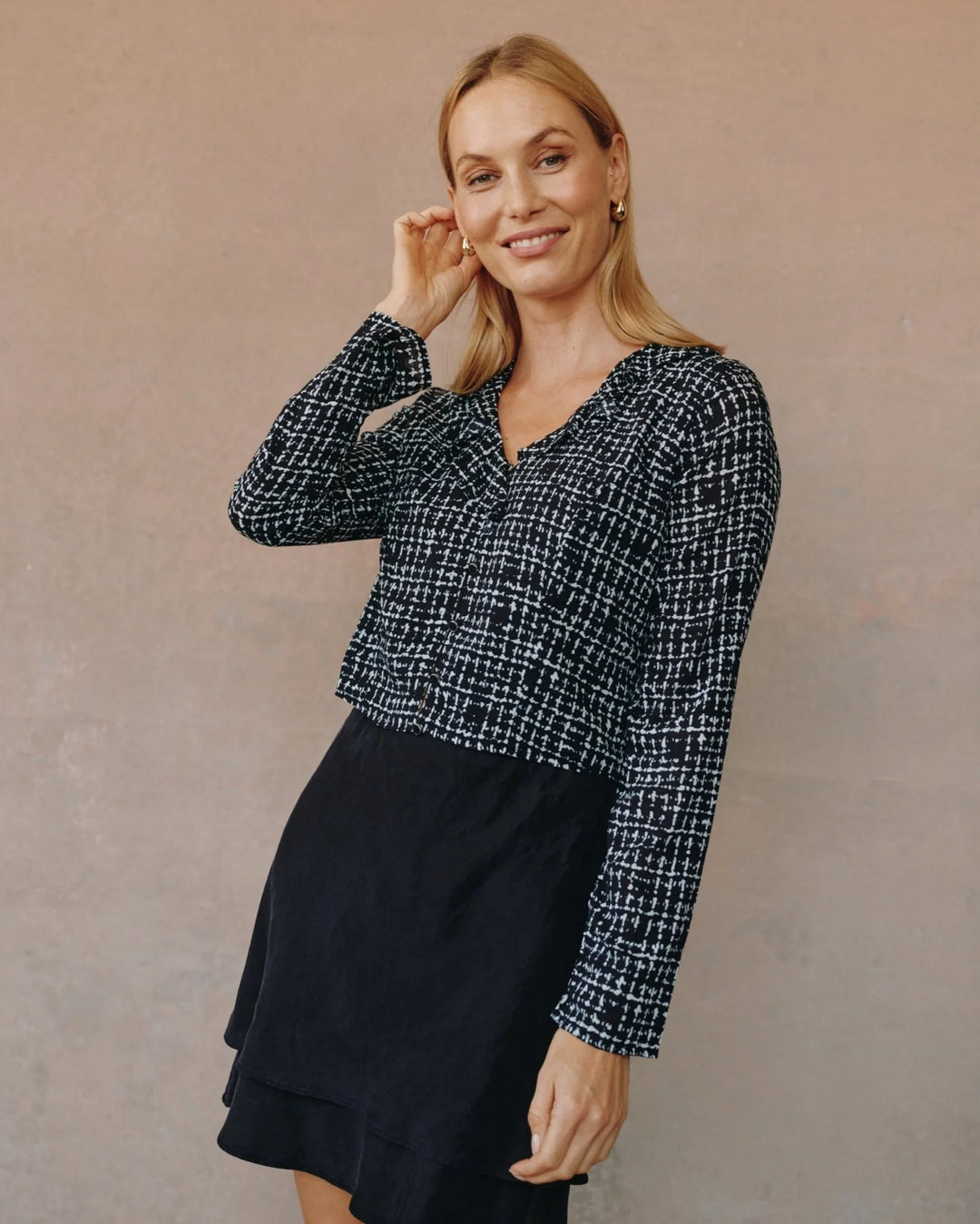 LONG SLEEVE RUFFLE TOP (GRID PRINT) - BELLA DAHL