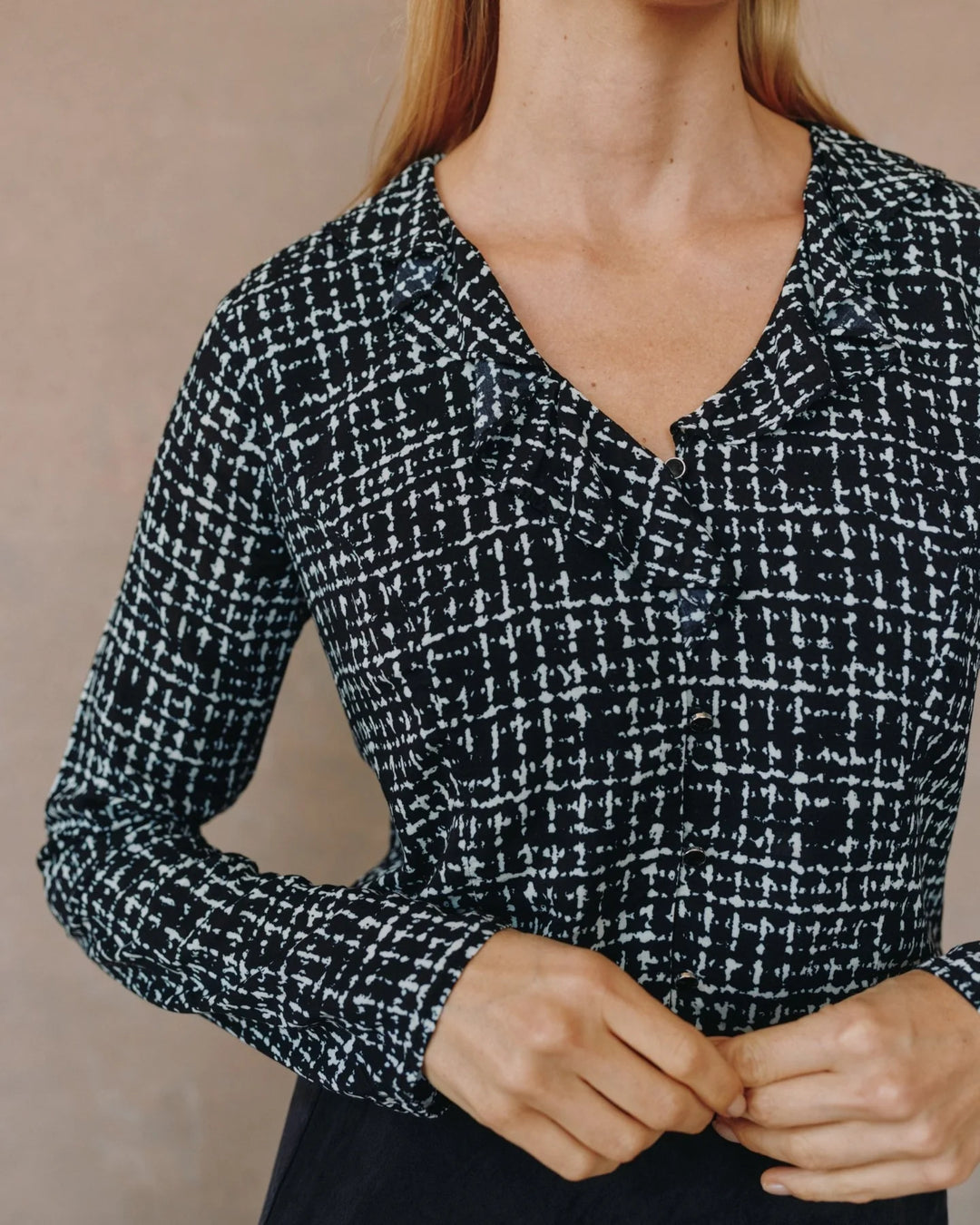 LONG SLEEVE RUFFLE TOP (GRID PRINT) - BELLA DAHL
