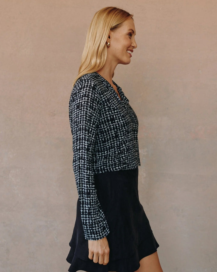 LONG SLEEVE RUFFLE TOP (GRID PRINT) - BELLA DAHL