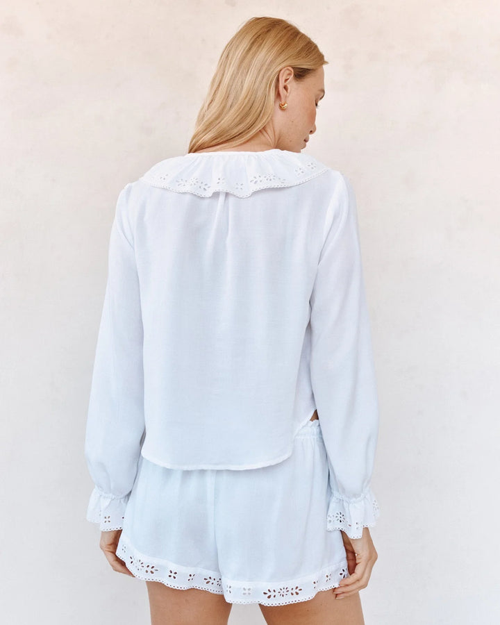 LONG SLEEVE TIE NECK RUFFLE TOP (WHITE) - BELLA DAHL