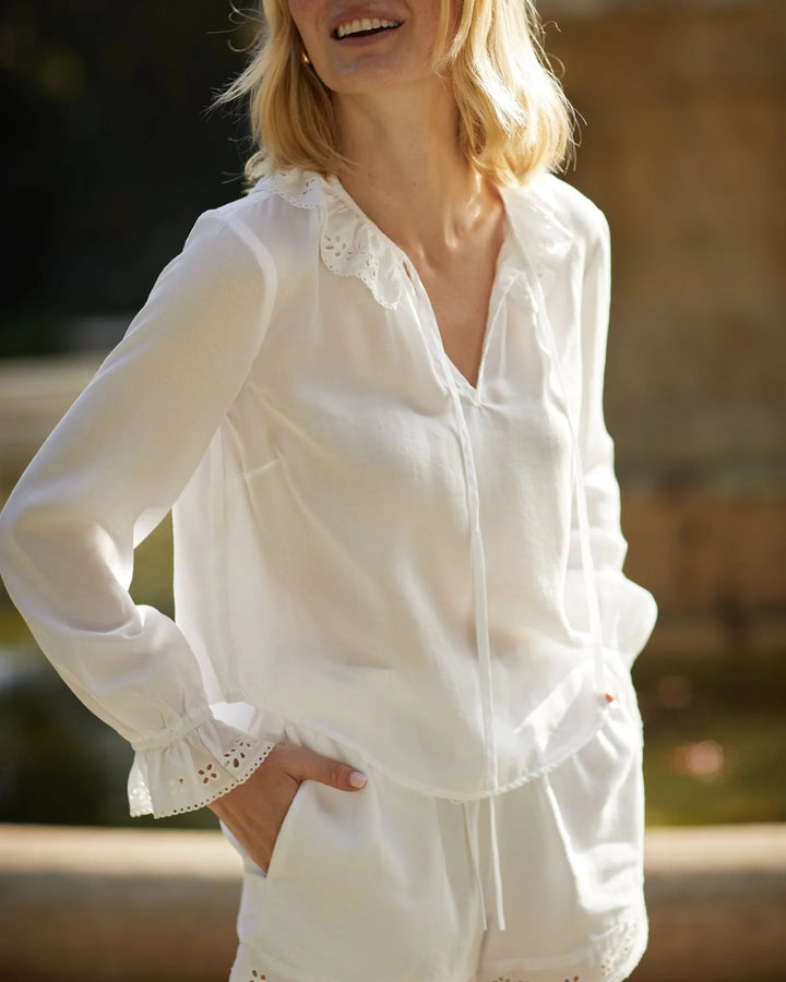 LONG SLEEVE TIE NECK RUFFLE TOP (WHITE) - BELLA DAHL