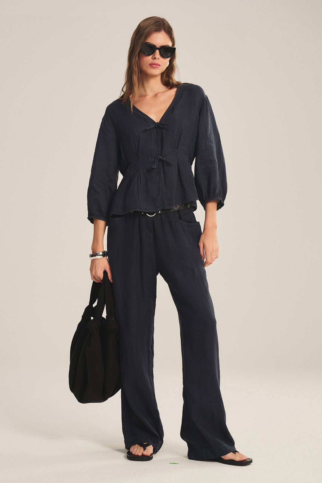 MARTHA WOVEN LINEN TOP W/BOWS (SHADOW) - VELVET