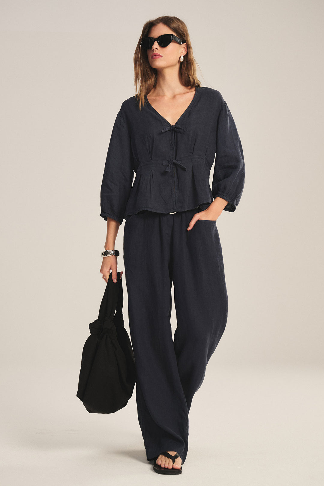 MARTHA WOVEN LINEN TOP W/BOWS (SHADOW) - VELVET