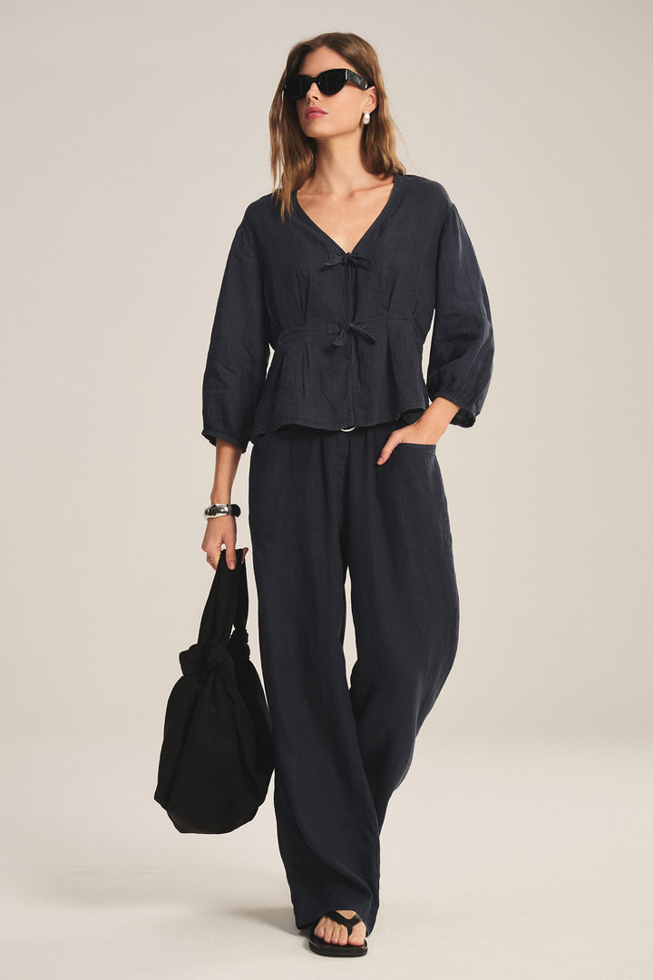 MARTHA WOVEN LINEN TOP W/BOWS (SHADOW) - VELVET