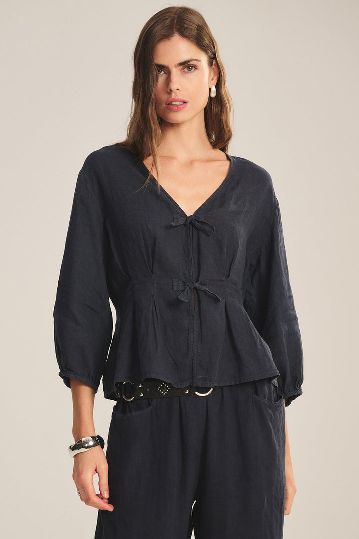 MARTHA WOVEN LINEN TOP W/BOWS (SHADOW) - VELVET