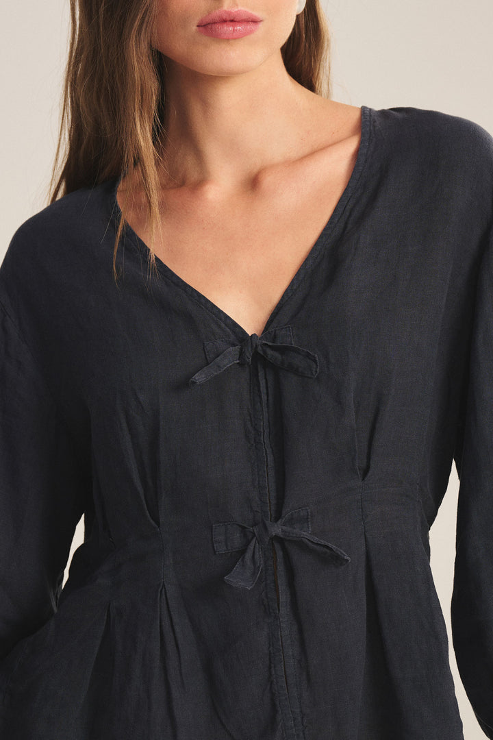MARTHA WOVEN LINEN TOP W/BOWS (SHADOW) - VELVET