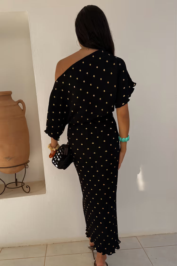 TILLY PLISSE DRESS WITH GOLD FLECK (BLACK) - NEVER FULLY DRESSED