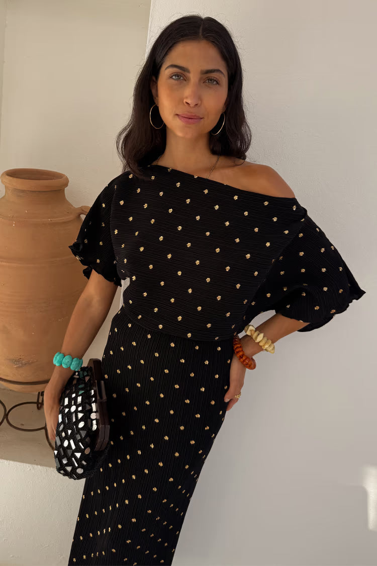 TILLY PLISSE DRESS WITH GOLD FLECK (BLACK) - NEVER FULLY DRESSED