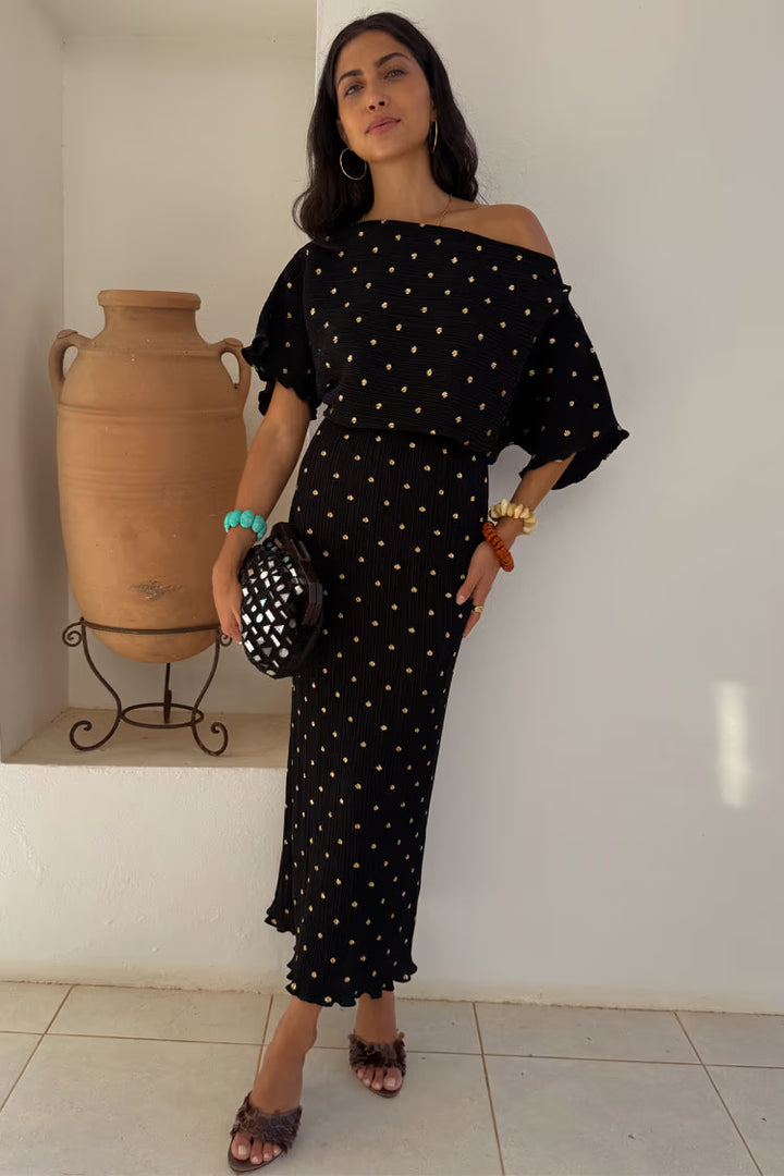 TILLY PLISSE DRESS WITH GOLD FLECK (BLACK) - NEVER FULLY DRESSED