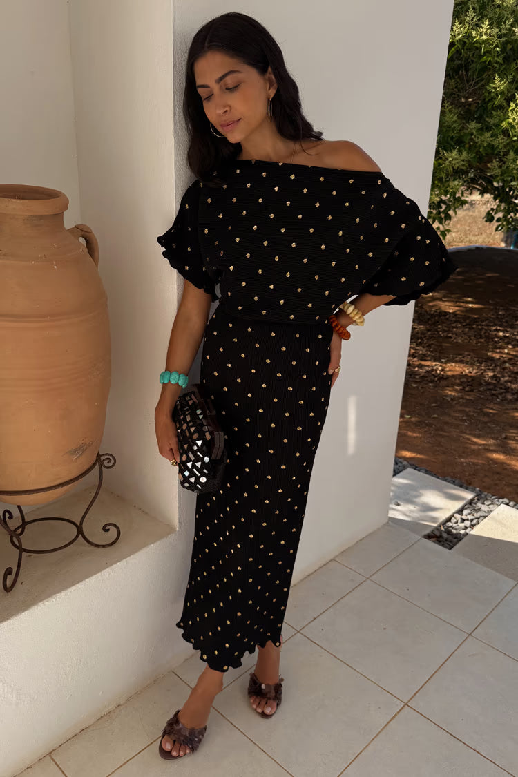 TILLY PLISSE DRESS WITH GOLD FLECK (BLACK) - NEVER FULLY DRESSED