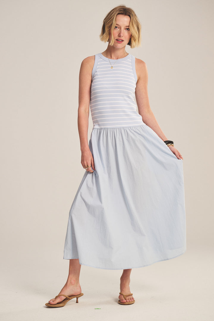 ROMINA STRIPE RIB AND POPLIN DRESS (ICE) - VELVET
