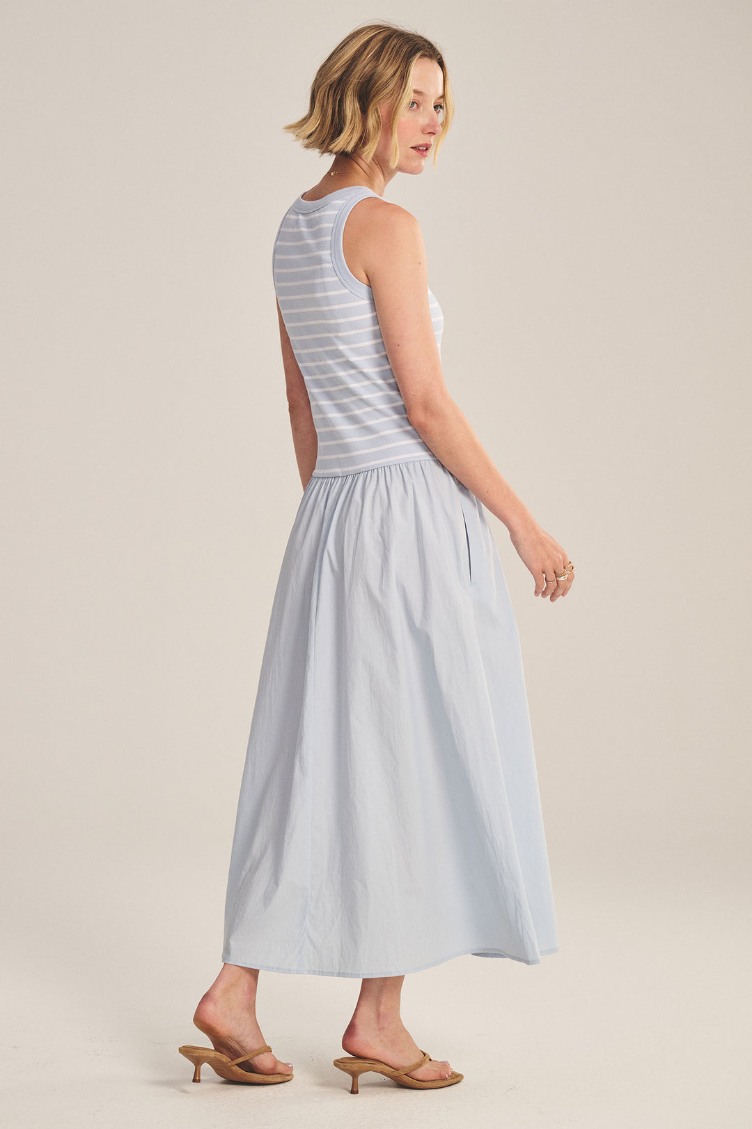 ROMINA STRIPE RIB AND POPLIN DRESS (ICE) - VELVET