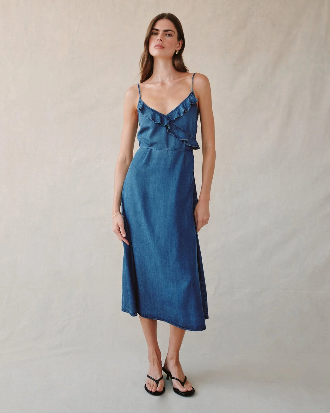 RUFFLE CAMI MIDI DRESS (MOONLIT WASH) - BELLA DAHL