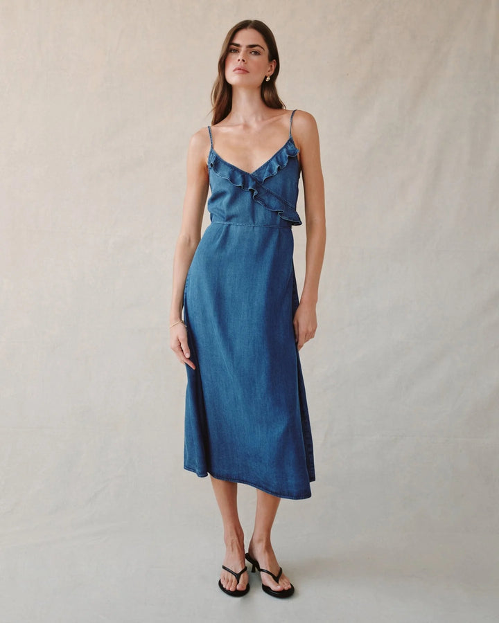 RUFFLE CAMI MIDI DRESS (MOONLIT WASH) - BELLA DAHL