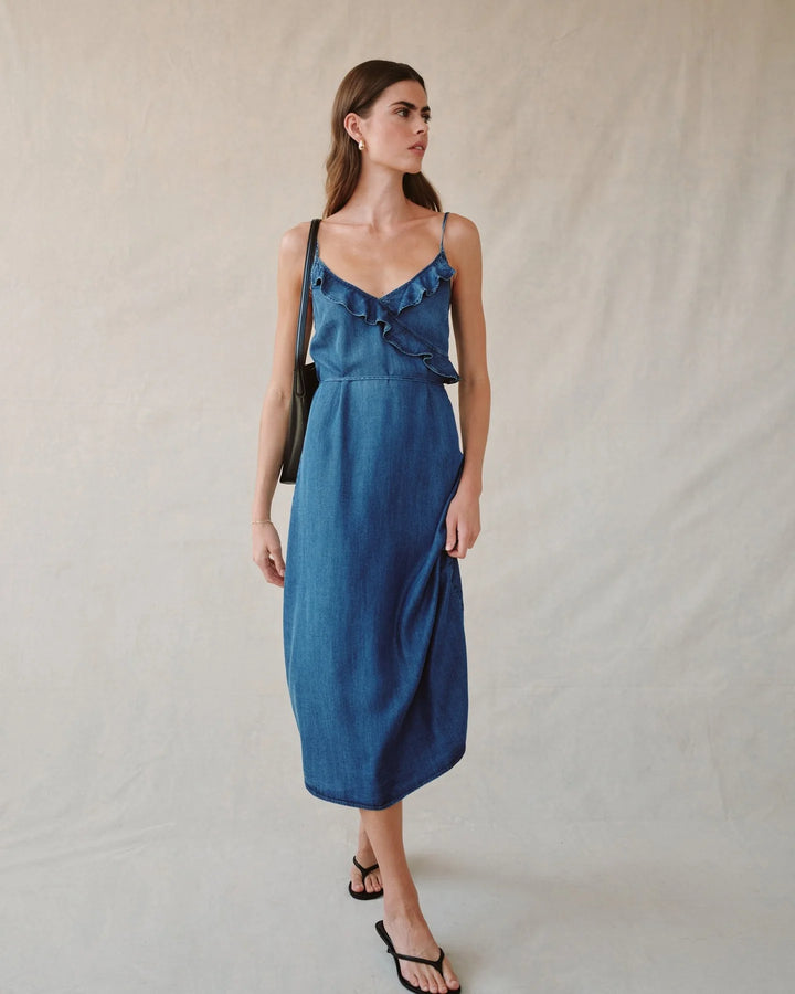 RUFFLE CAMI MIDI DRESS (MOONLIT WASH) - BELLA DAHL