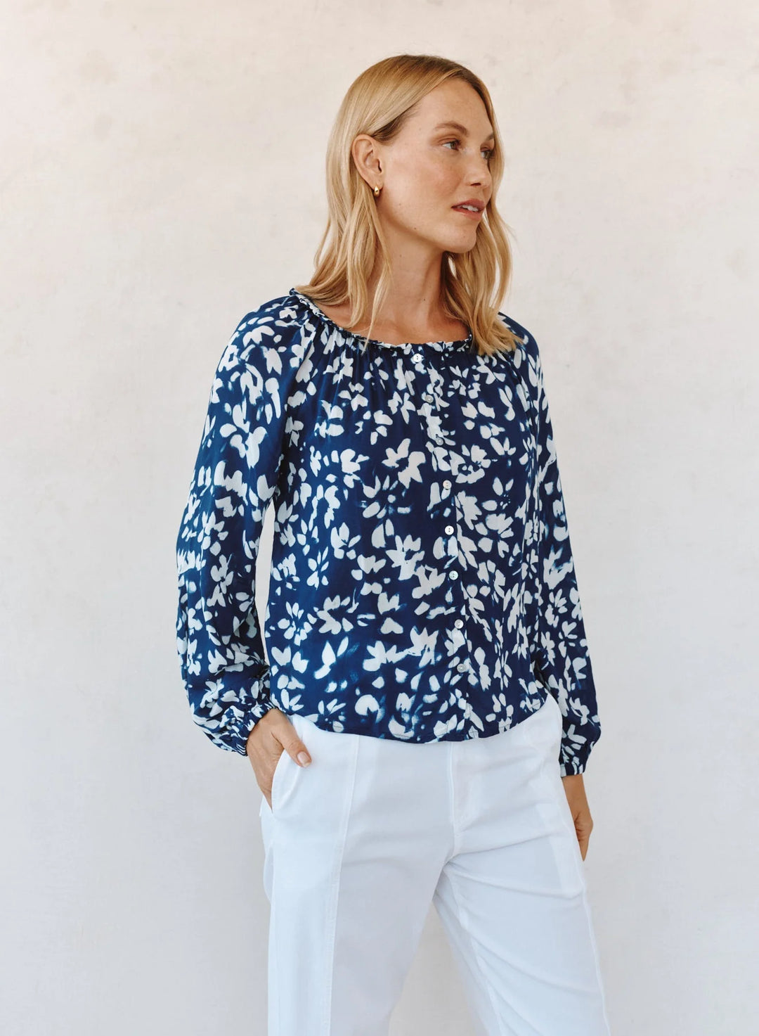 RUFFLE NECK RAGLAN BUTTON DOWN (INDIGO BLOOM)- BELLA DAHL