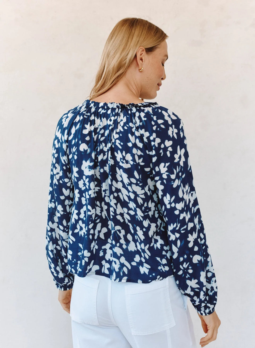 RUFFLE NECK RAGLAN BUTTON DOWN (INDIGO BLOOM)- BELLA DAHL
