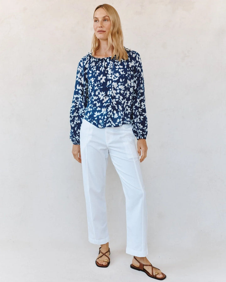RUFFLE NECK RAGLAN BUTTON DOWN (INDIGO BLOOM)- BELLA DAHL