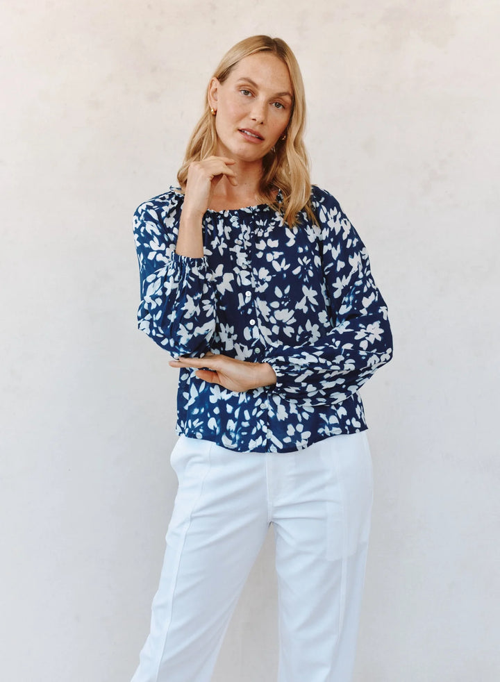 RUFFLE NECK RAGLAN BUTTON DOWN (INDIGO BLOOM)- BELLA DAHL