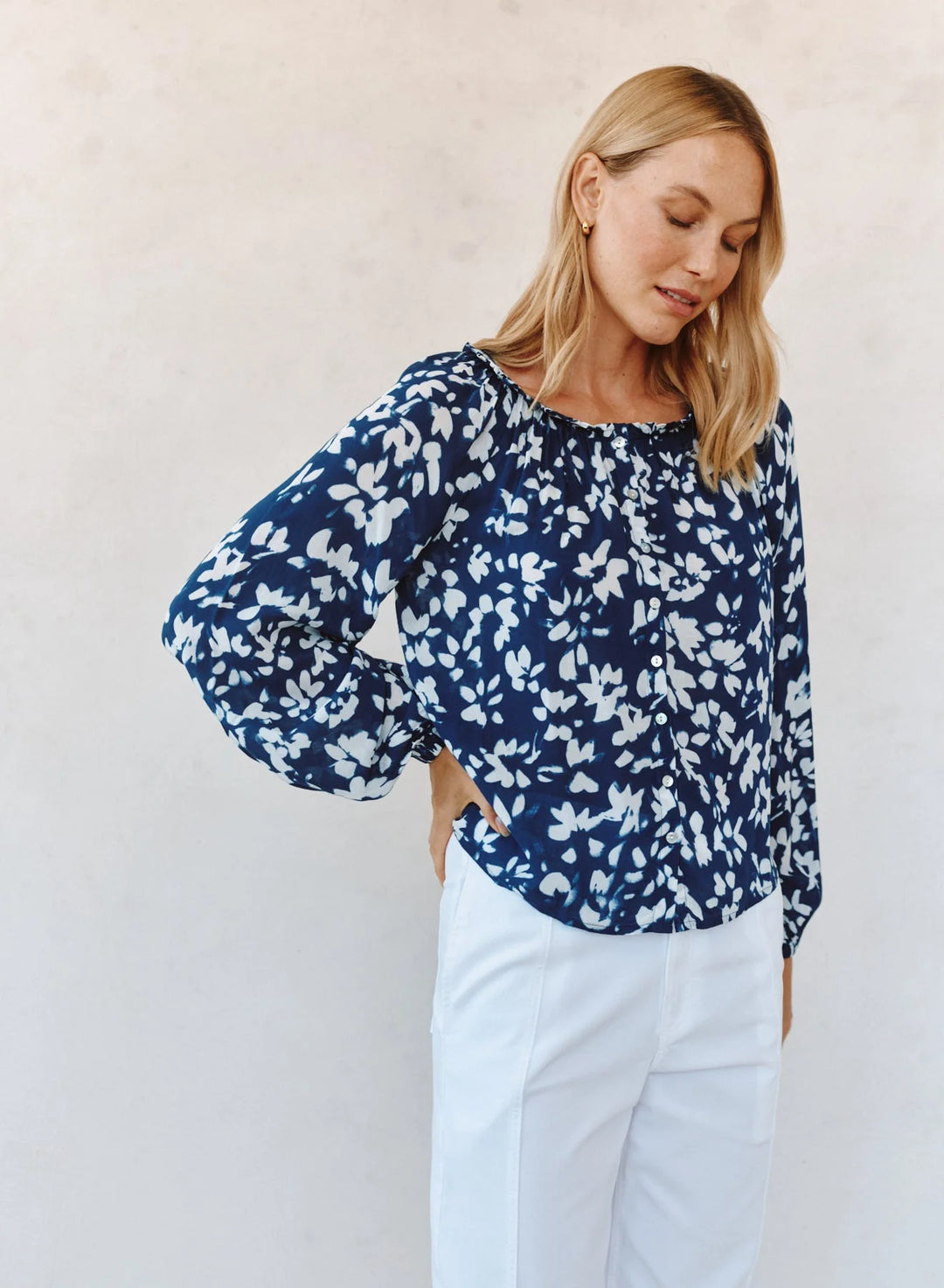 RUFFLE NECK RAGLAN BUTTON DOWN (INDIGO BLOOM)- BELLA DAHL